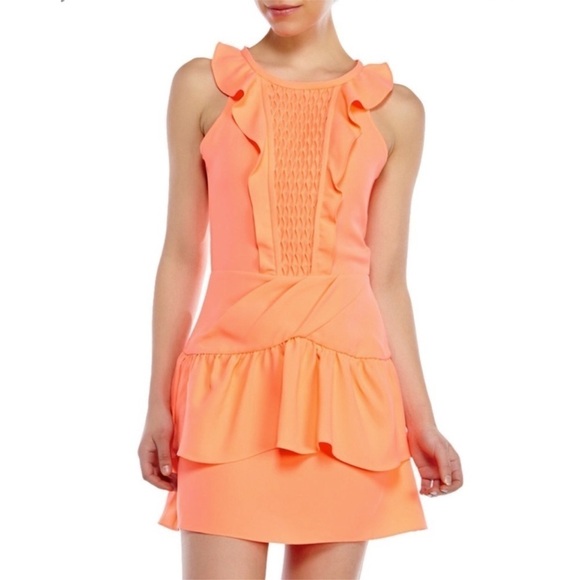 MAJE Ruffle Trimmed Coral Mini Dress - Picture 1 of 10